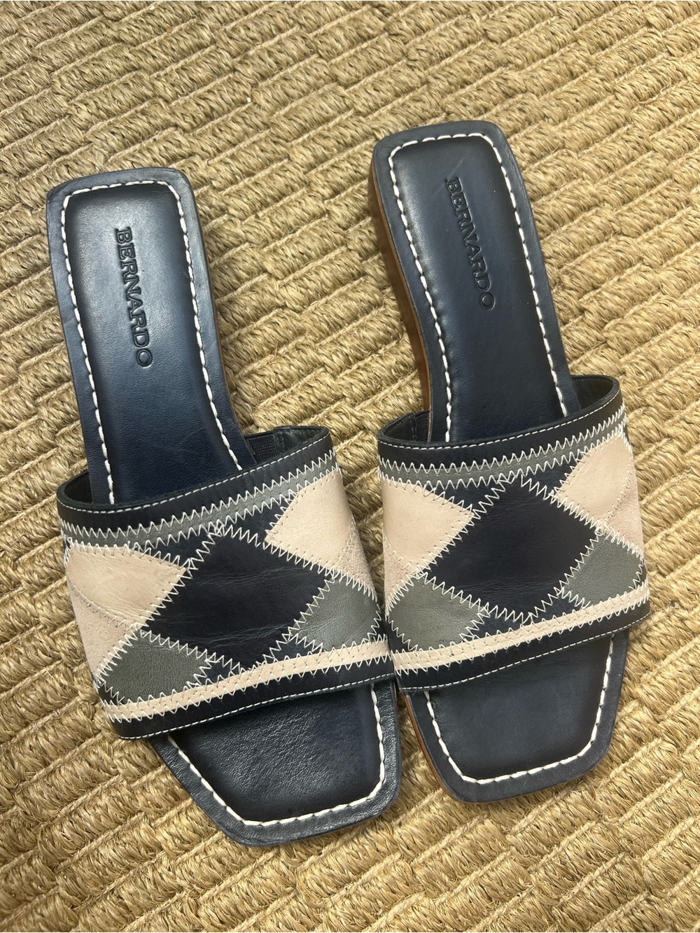 Bernardo Black and Beige Patchwork Leather Slide Mules